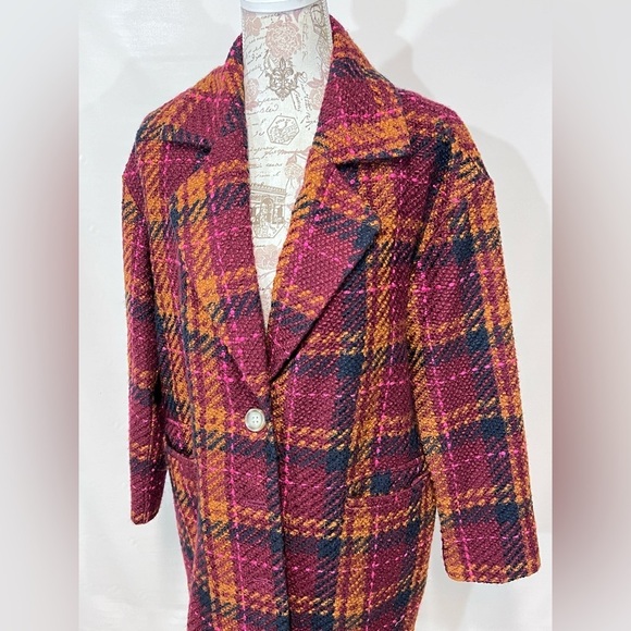 A NEW DAY Maroon, orange &‎ black plaid wool blend jacket size M - Picture 2 of 14